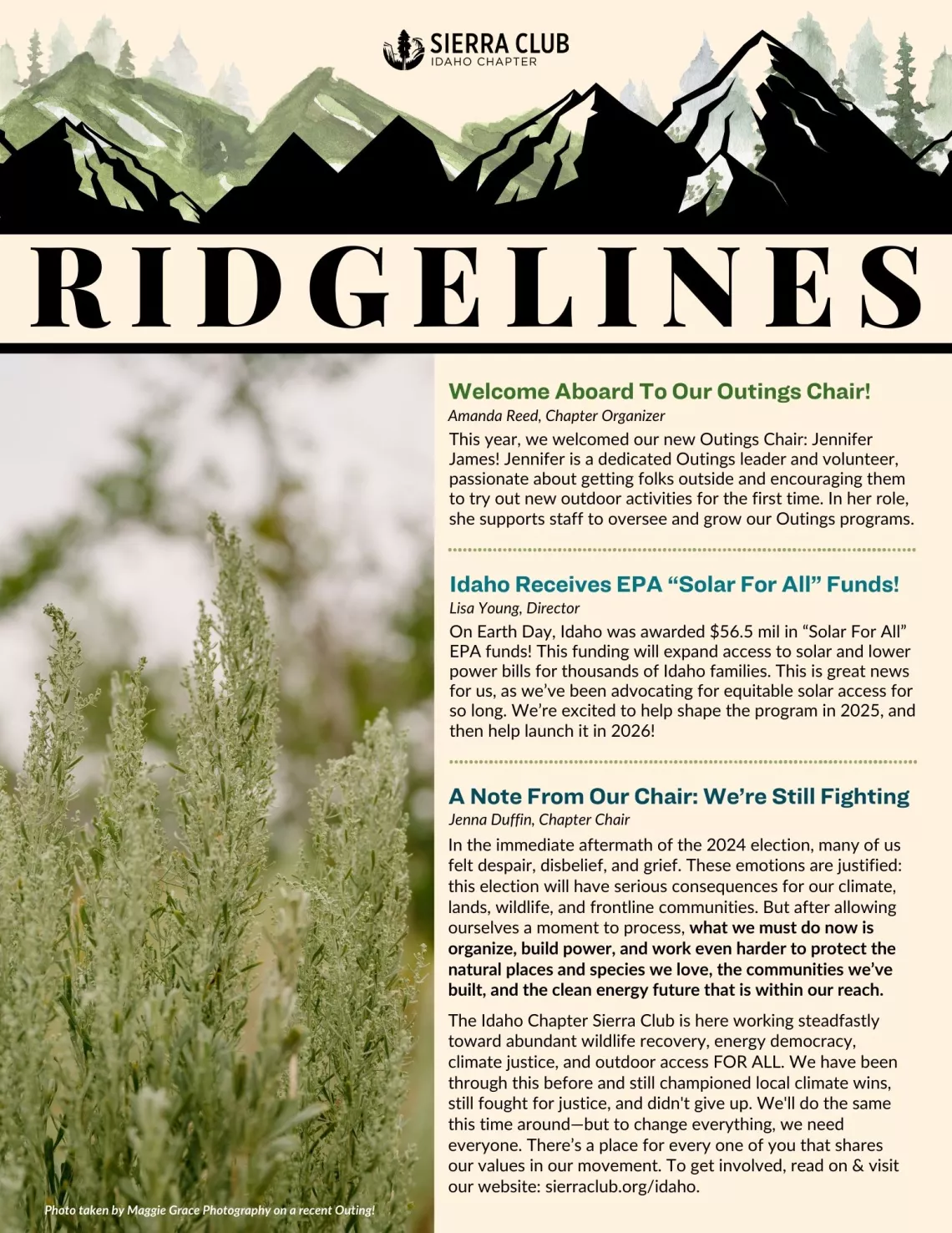 front cover of Newsletter, RIDGELINES written at top, picture of sagebrush on side