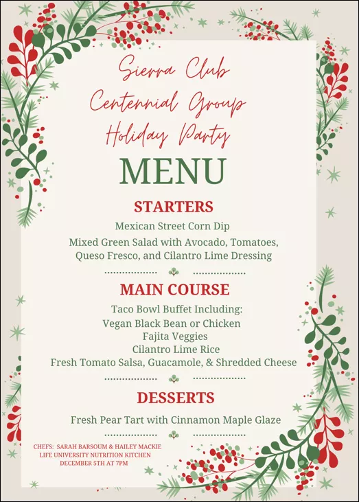 Holiday Menu for Centennial Sierra Club