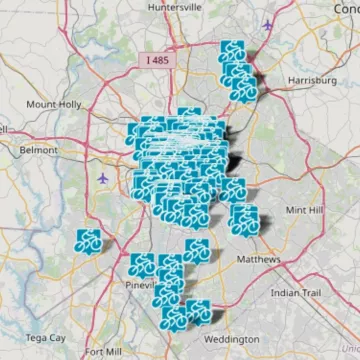 A map showing Charlotte-area businesses that participate in the Bike Benefits program