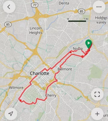 A leisure bike ride in Charlotte mapped by Ride with GPS