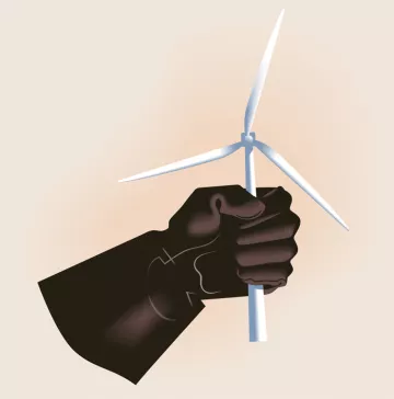 Illustration shows a left hand in a black glove holding a miniature white wind turbine