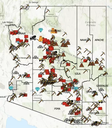 A map of Arizona depicting numerous mines across the state