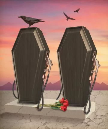  Illustration shows two black caskets with gas pump hoses on the side. Three black birds sit and fly around the coffins, and some red roses are set below