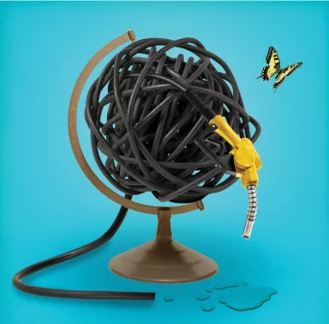 Illustration shows a black gasoline hose wrapped in the shape of a globe, with some liquid dripping out of the nozzle and a yellow butterfly next to it