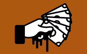 Illustration shows a hand holding five bills with oil dripping off them