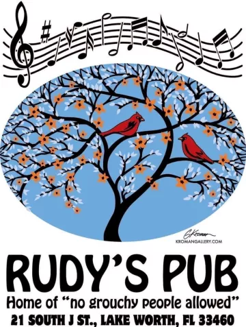 Rudys Pub logo of cardinals in a tree. Home of "no grouchy people allowed"