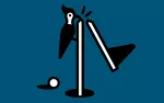 Illustration shows a woodpecker breaking a pole in a golf course hole with a golf ball nearby.