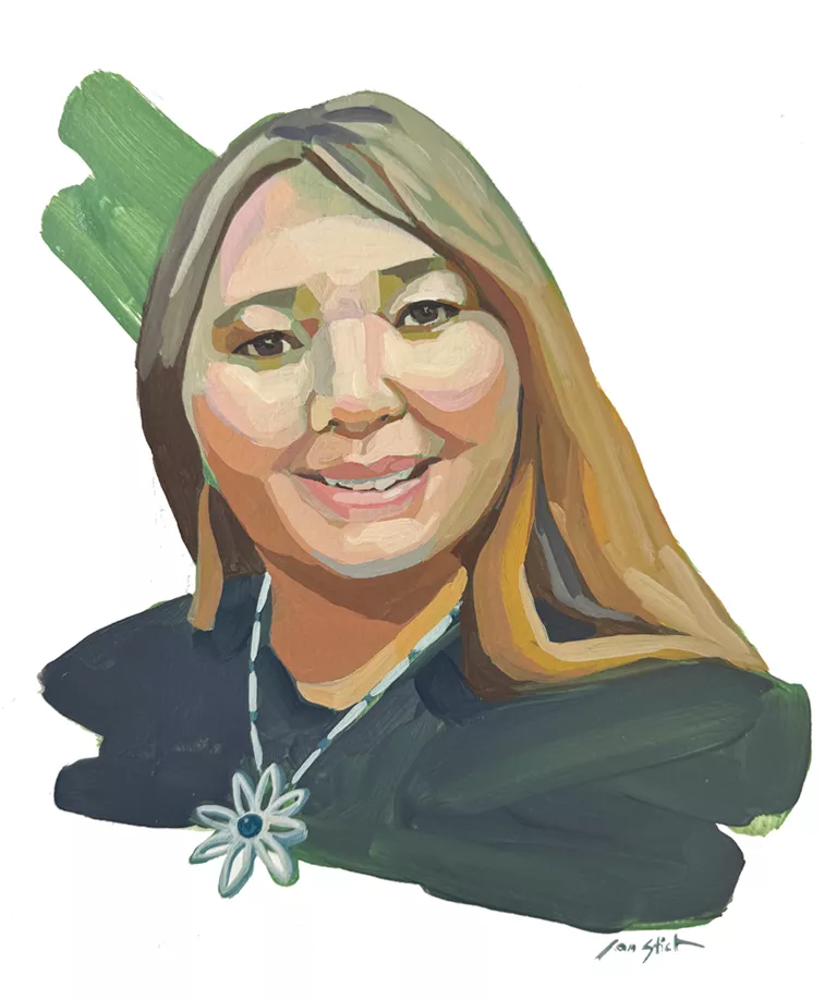 Illustrated portrait of Dawn Goodwin smiling and wearing a flower necklace