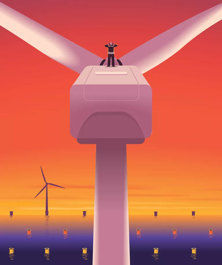 Illustration shows a person with their hands over their ears atop an offshore wind turbine, with an orange sky