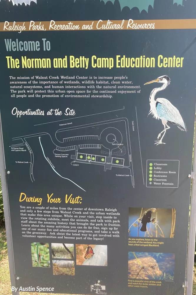 An educational sign at Raleigh's Walnut Creek Wetland Park. By Austin Spence