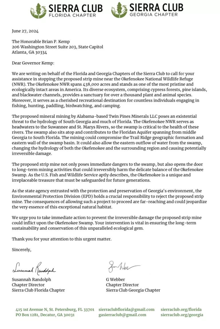 Letter to the Governor of Georgia to Stop Okefenokee Mining