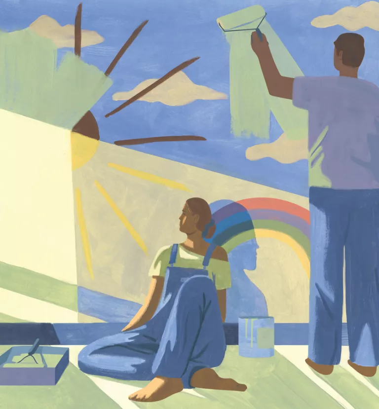 Illustration of a couple painting a wall with a rainbow and a sun and blue sky