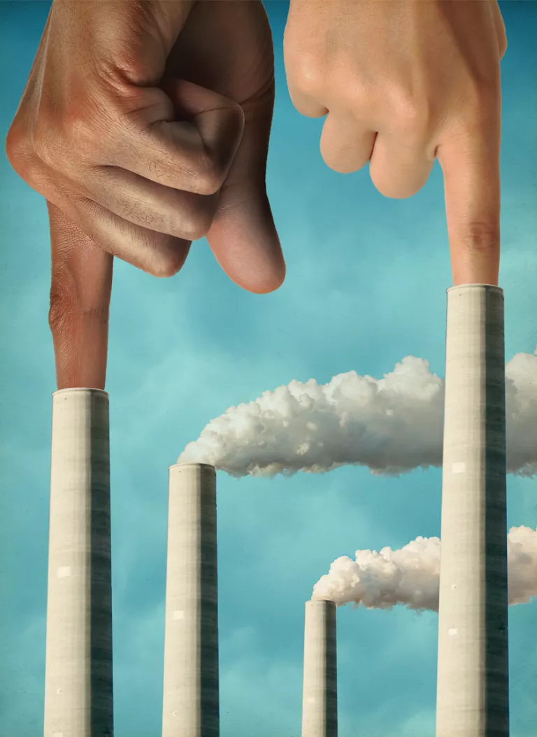 Illustration shows four white smokestacks and two hands with one finger blocking two of the smokestacks