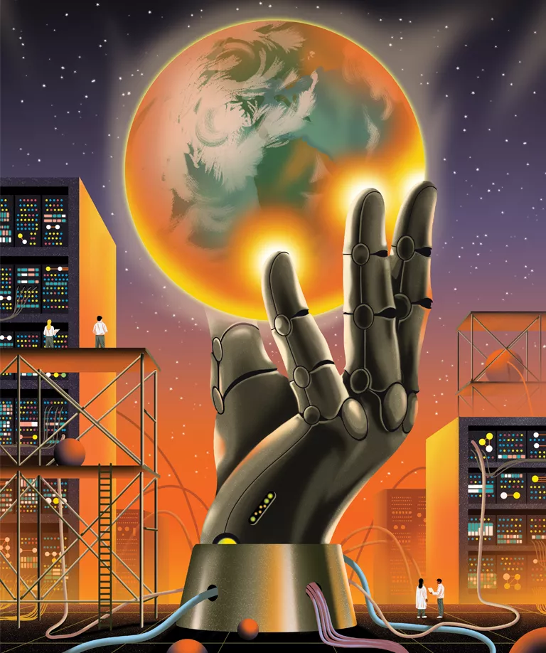 Illustration shows a giant robot hand holding up the sun, surrounded by tall computer mainframes and workers