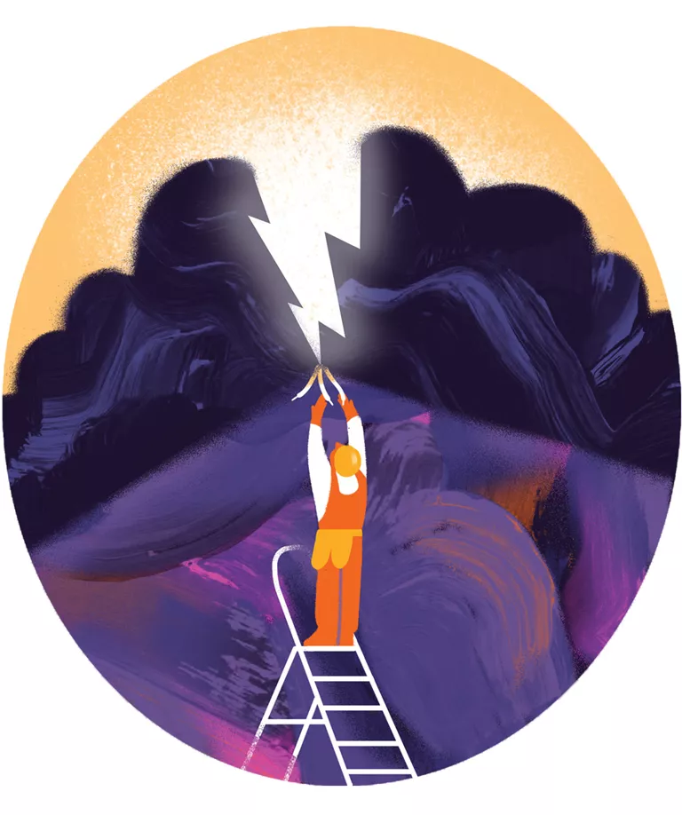  Illustration shows an electrician standing on a ladder and reaching up to electrical wires and a large lightning-bolt-shaped gap in a purple mountain