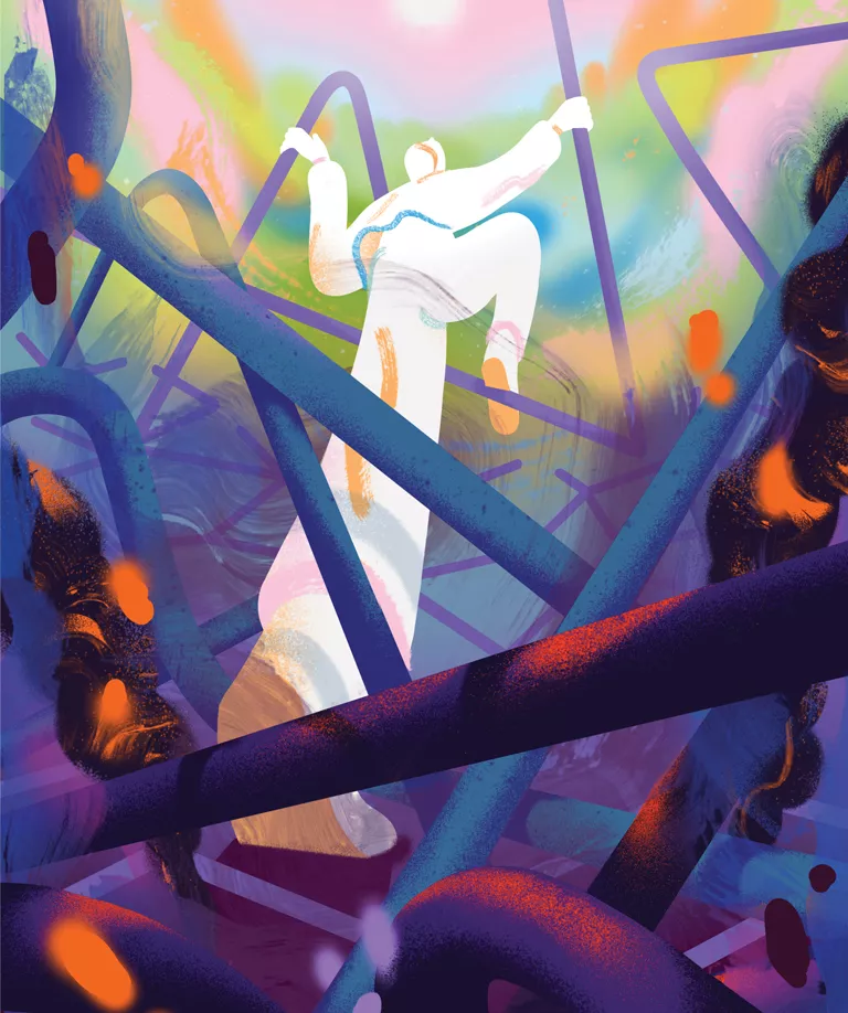 Illustration shows a figure dressed in white climbing blue and purple pipes