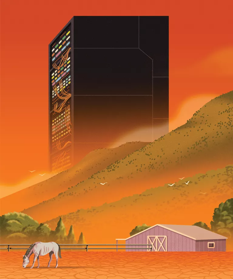  Illustration shows a tall mainframe building next to a mountain and a farm with a horse grazing