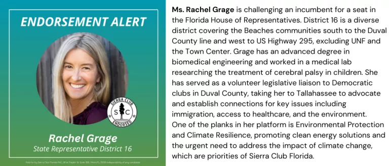 Political Endorsement for Rachel Grage with photo and text