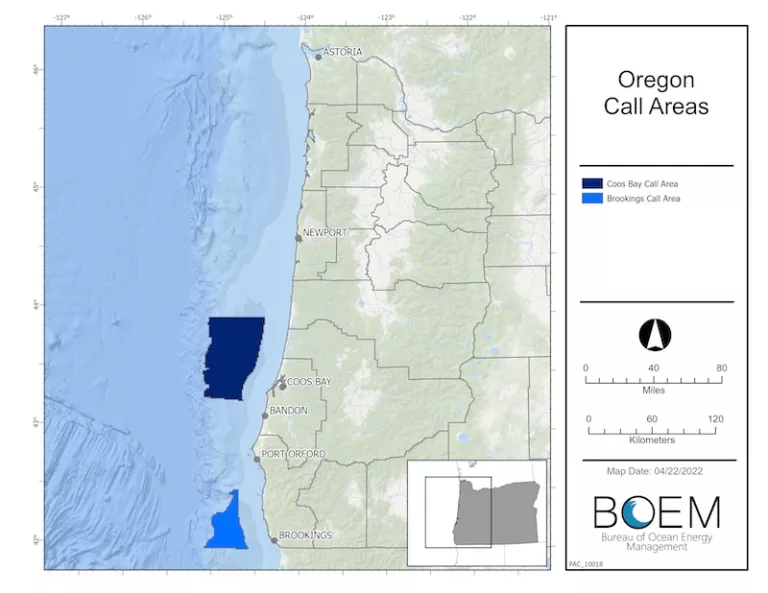 A map of offshore wind lease areas off the Southern Oregon coast.