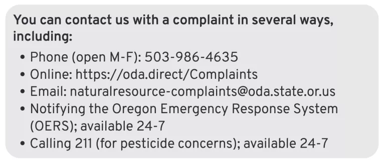 A list of contact methods for the Oregon Department of Ag