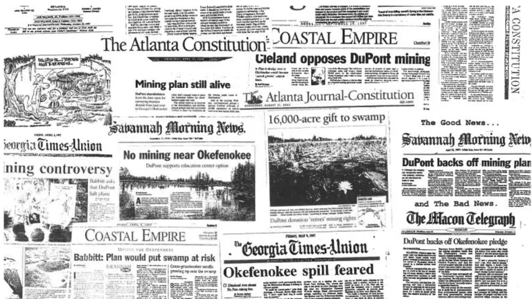 News clippings of mining interests in the Okefenokee