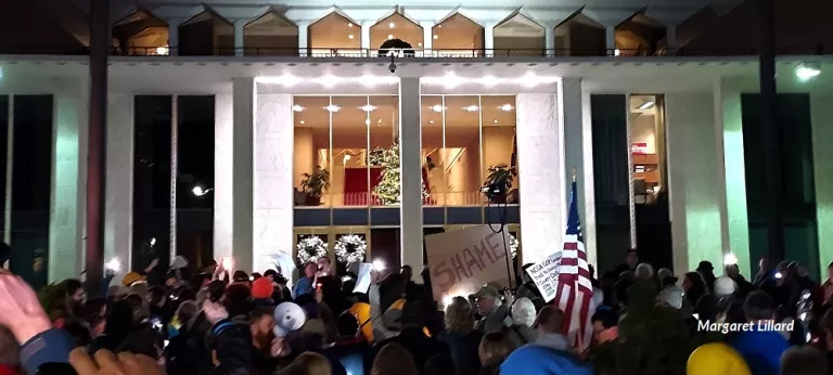 Protesters outside the NC Legislative Building on Dec. 9, 2024