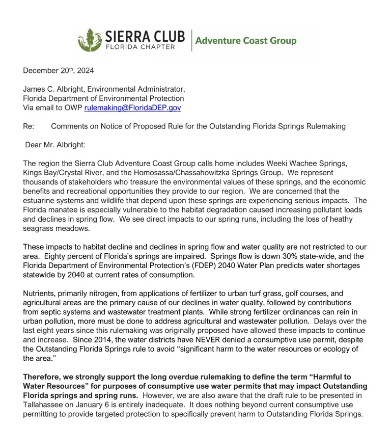 Comments sent to FDEP on Outstanding Springs Rulemaking