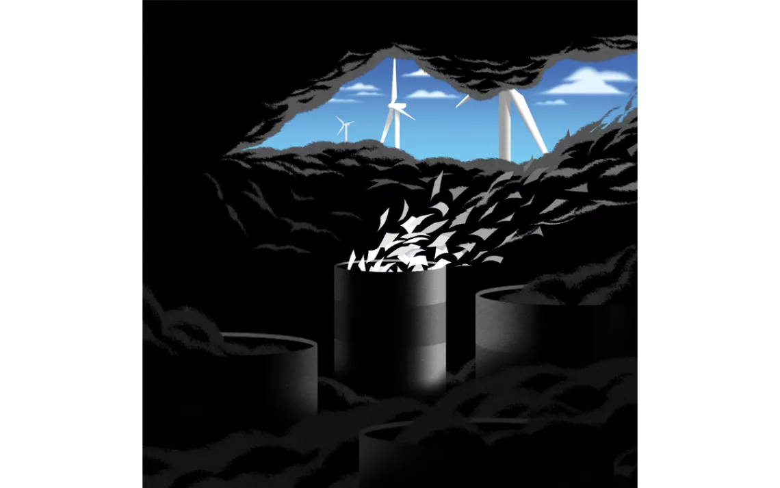 Illustration shows dark clouds and papers coming out of a smokestack. A hole in the clouds reveals blue sky and wind turbines