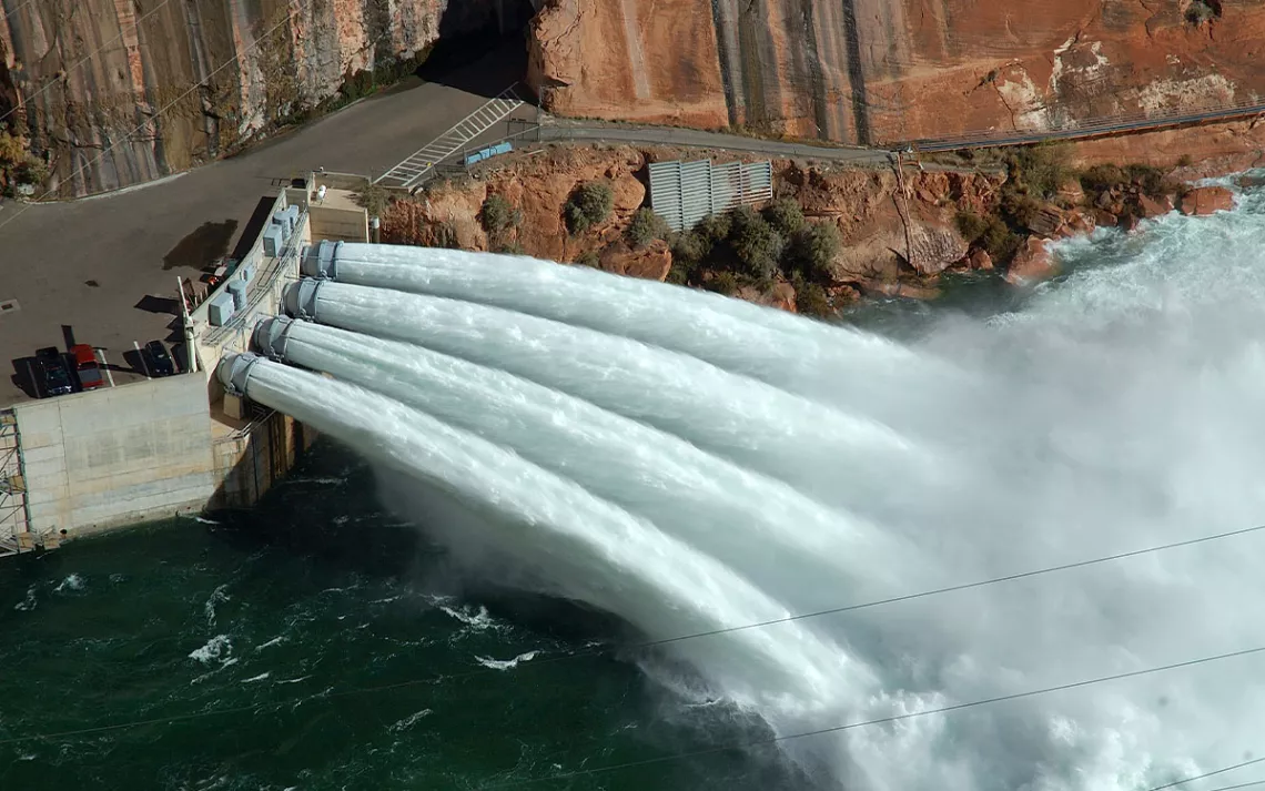 The outlet tubes of Glen Canyon Dam were opened during the 2004 high-flow experiment on the Colorado River.
