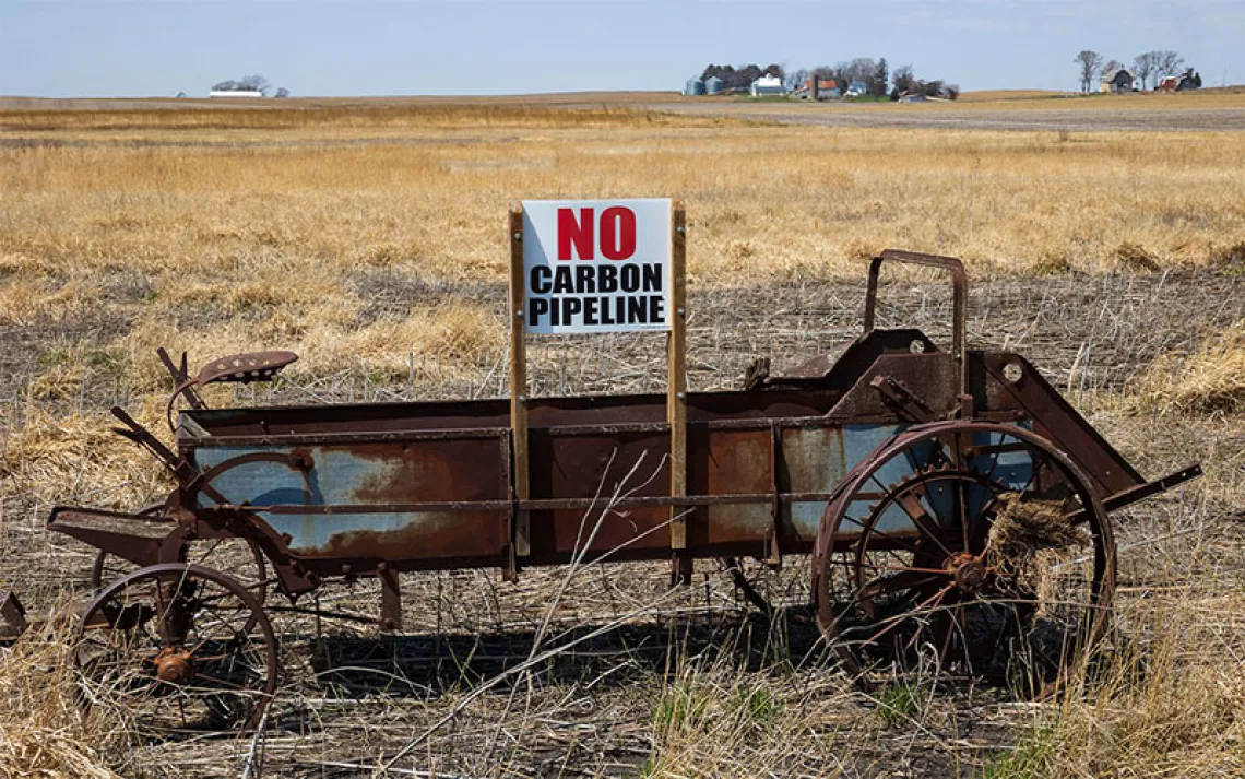 A sign opposing proposed carbon - capture pipelines