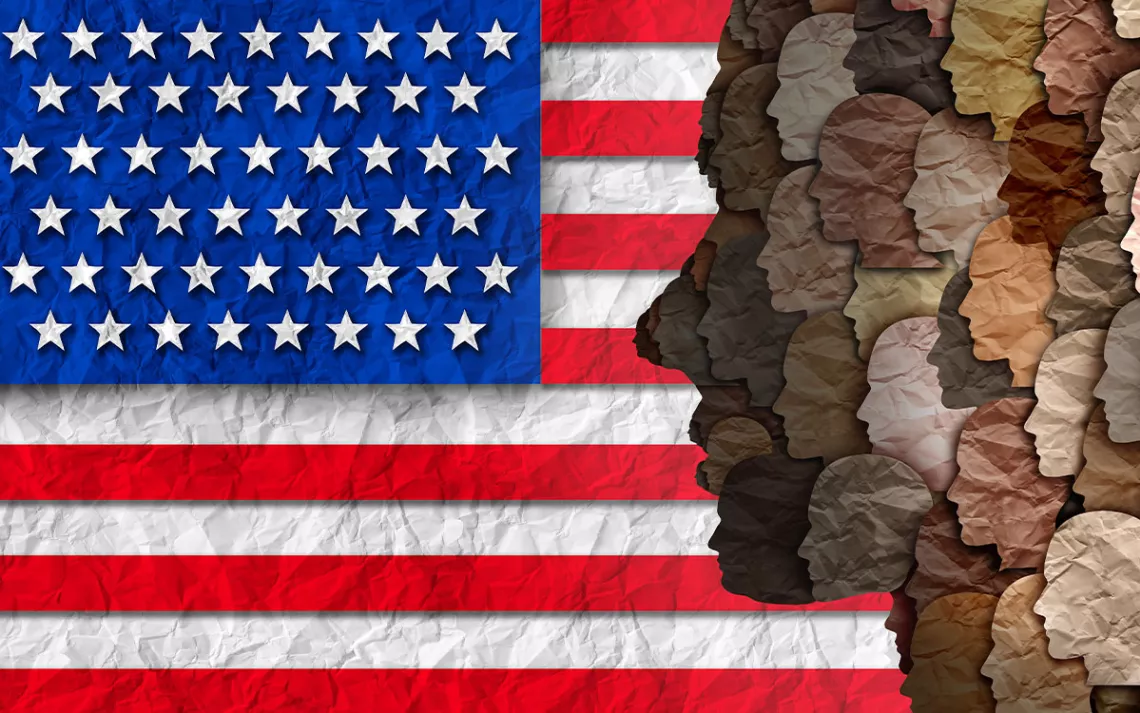 American flag with diverse faces to the right hand side