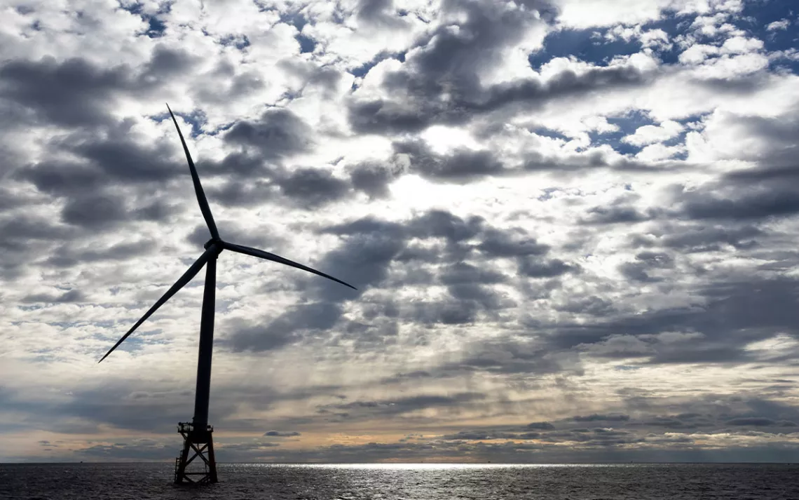 A Block Island Wind Farm turbine operates, Thursday, Dec. 7, 2023, off the coast of Block Island, R.I., during a tour organized by Orsted.