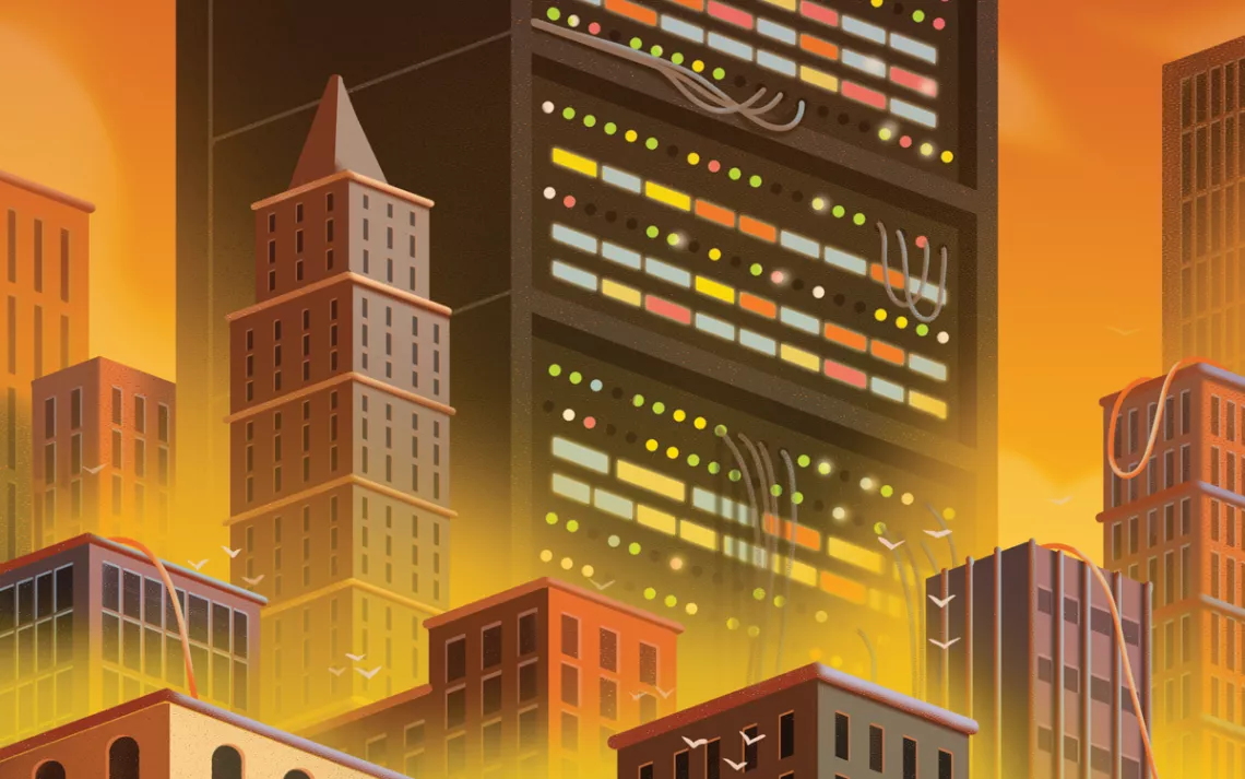  Illustration shows a skyscraper-size computer mainframe with wires coming out the back, next to other city buildings