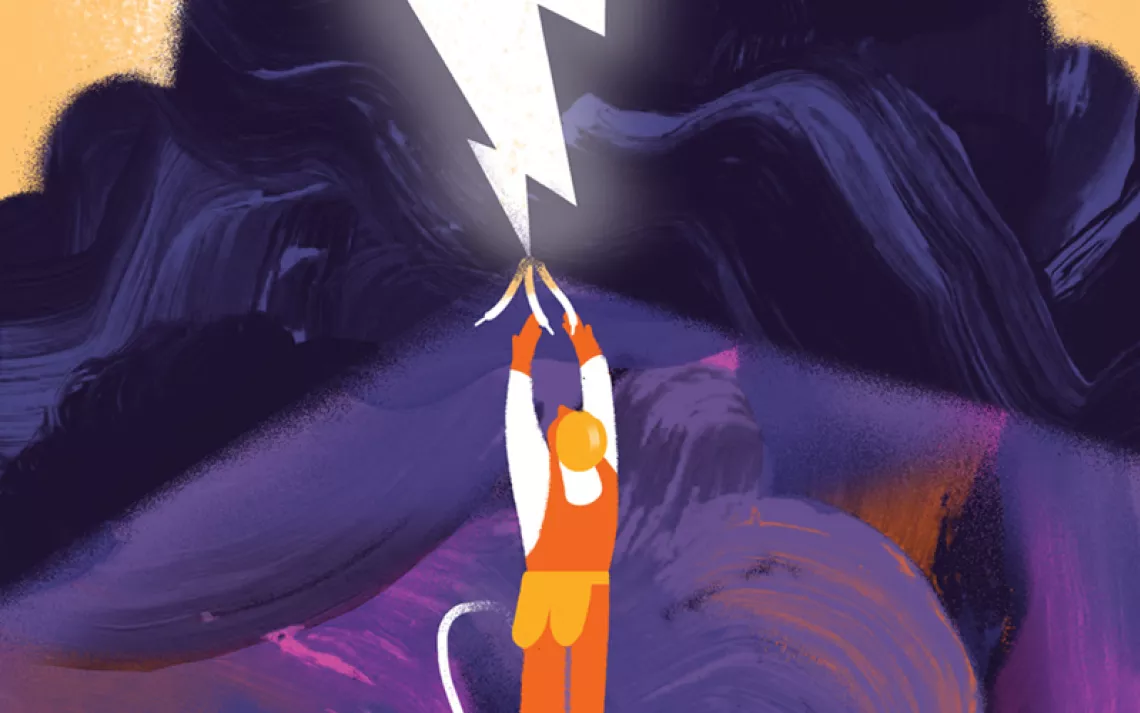  Illustration shows an electrician standing on a ladder and reaching up to electrical wires and a large lightning-bolt-shaped gap in a purple mountain