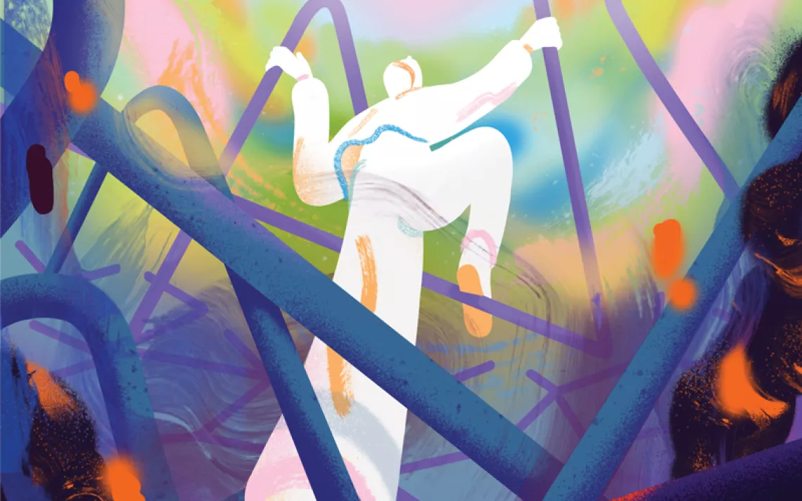 Illustration shows a figure dressed in white climbing blue and purple pipes