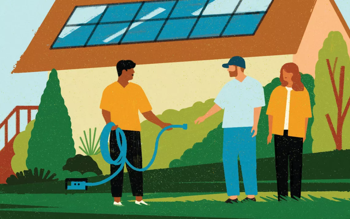 Illustration d'une maison avec des panneaux solaires et d'un homme remettant un câble de recharge à deux voisins