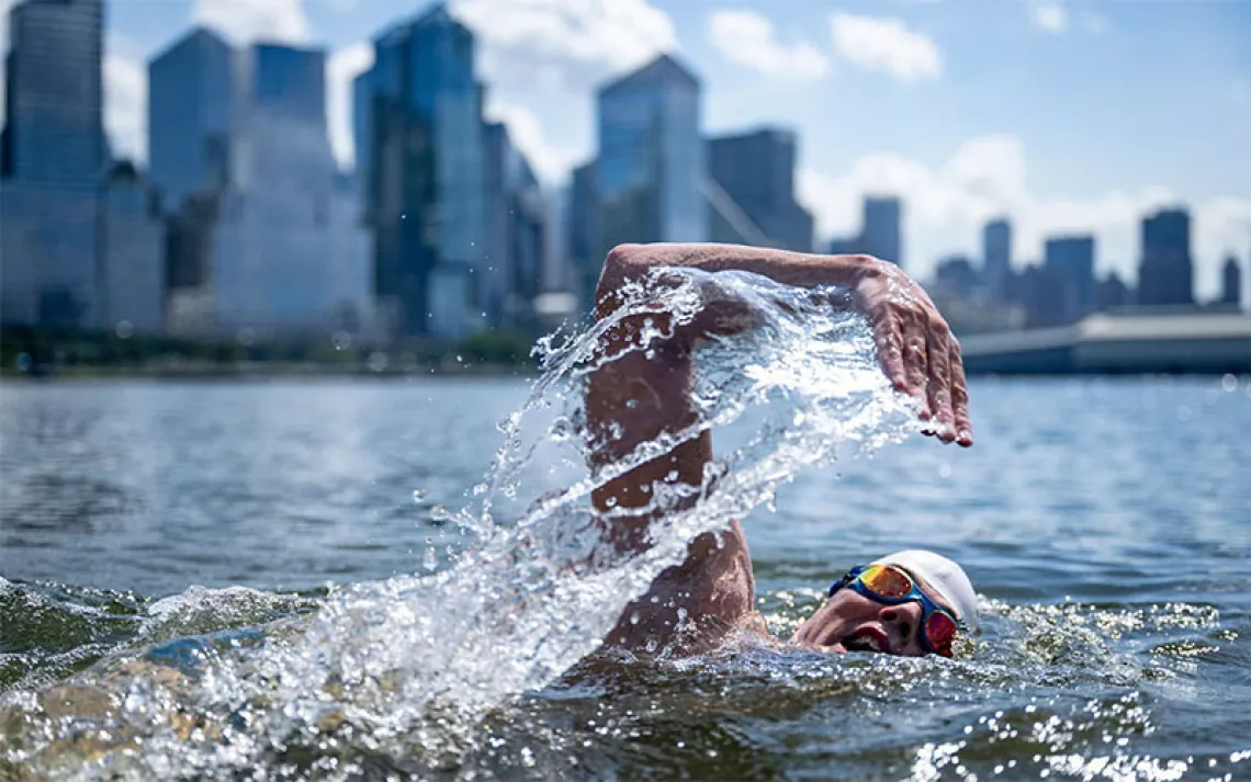 Lewis Pugh swims the Hudson River.