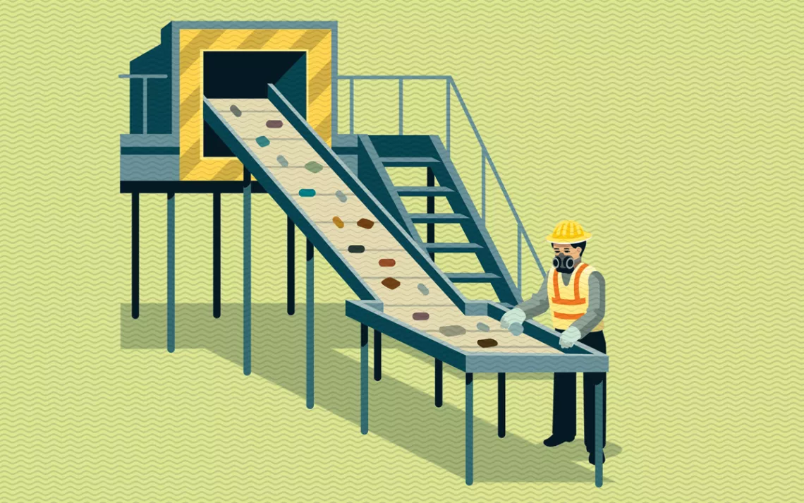  Illustration shows a worker at a recycling center