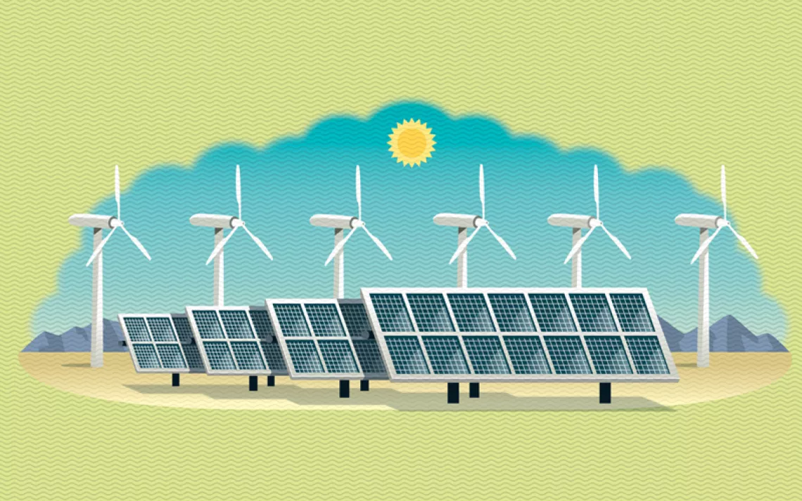 Illustration shows solar panels and wind turbines