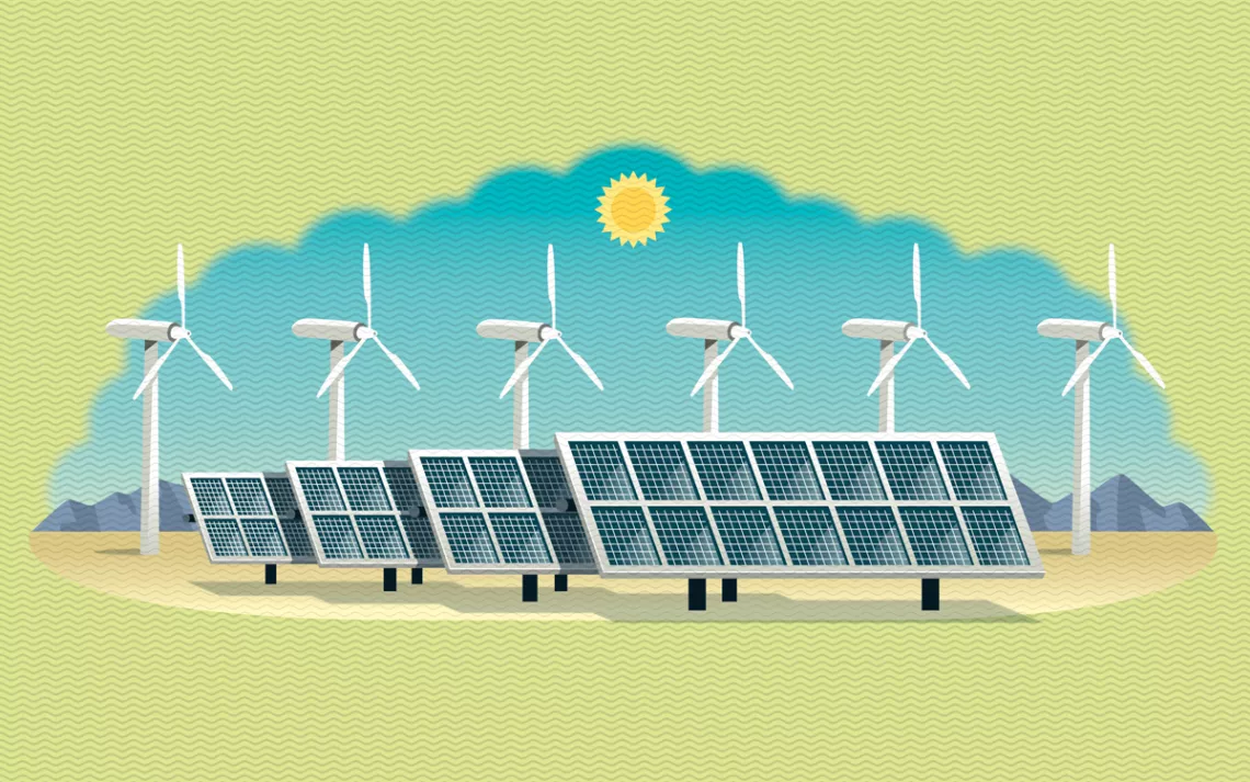 Illustration shows solar panels and wind turbines