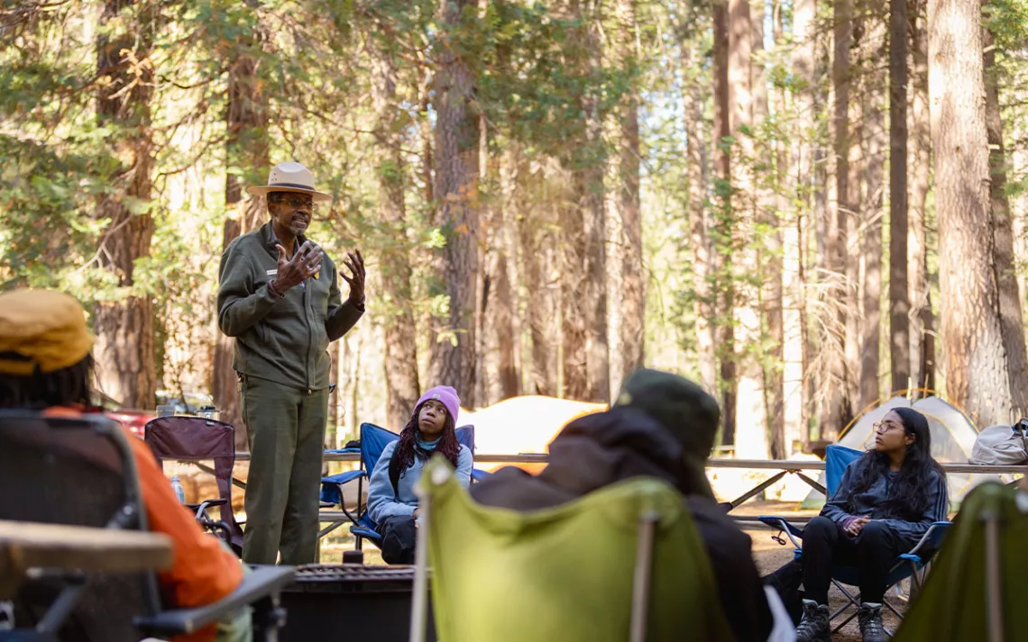 National Park Ranger Shelton Johnson celebrates the legacy of the Buffalo soldiers with Detroit youth during an ICO (Inspiring Connections Outdoors) trip to Yosemite National Park.