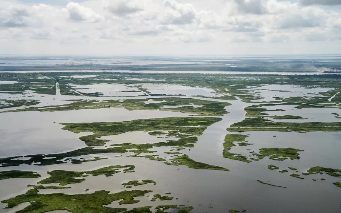 Aerial view of Plaquemines Parish in the lower Mississippi River Basin. 