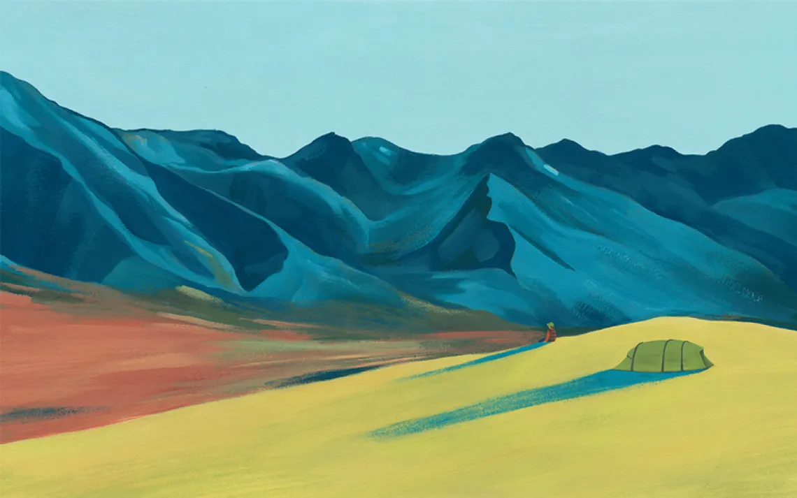  Illustration shows a solo camper sitting in front of a tent and looking out at a gray mountain