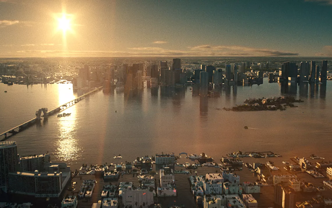 A sunny, hazy CGI landscape of a flooded city as seen from above with skyscrapers coming out of the water.