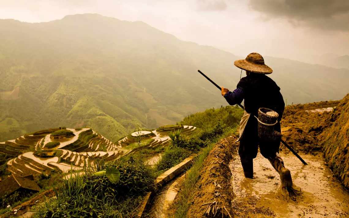A member of the Yao (an ethnic minority tribe) in southern Guangxi province, China, uses a hoe to ready his family's rice terraces for planting.