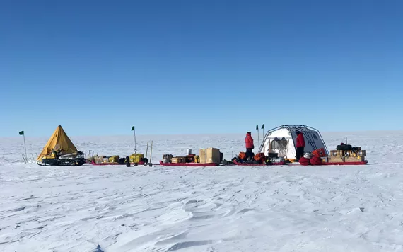 A small field camp located at the edge of Thwaites Glacier allowed GPS and seismic instruments to be serviced. Photo by Rebecca Charles | NSF