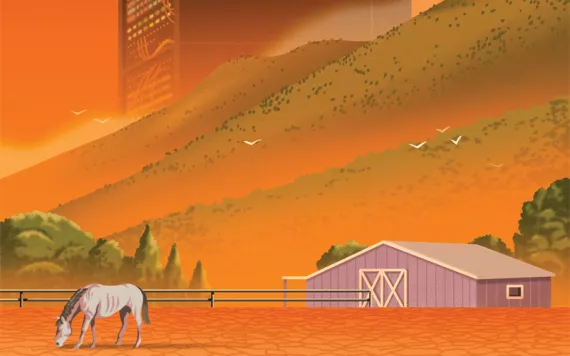  Illustration shows a tall mainframe building next to a mountain and a farm with a horse grazing