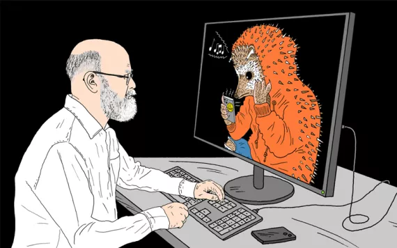  Illustration shows the profile of Paul Rauber sitting at his computer. On the screen is a Peter Arkle illustration of a hedgehog in a red hoodie looking at its phone.