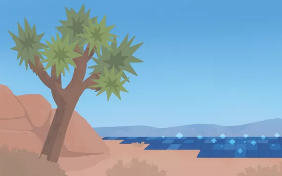 Illustration shows a desert with a tree, redrock, and solar panels simulating a sparkling oasis or sea on the ground