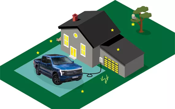 illustration of an electric car charging outside a house